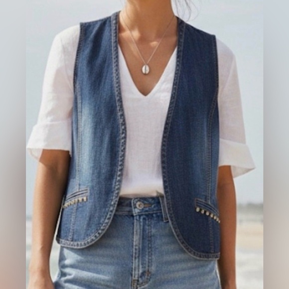 Chico's Jackets & Blazers - Chico's Platinum Denim Vest sz 2 boho western rodeo casual beaded gypsy Cowgirl